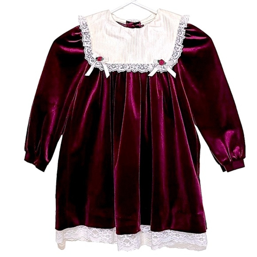Rare Editions Girl's Burgundy Velour Like Long Sleeve Dress Cream Collar Size 5